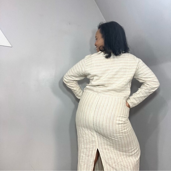 Vintage FLAX by Jeanne Englehart 70s cream striped linen long sleeve maxi dress - Picture 5 of 15